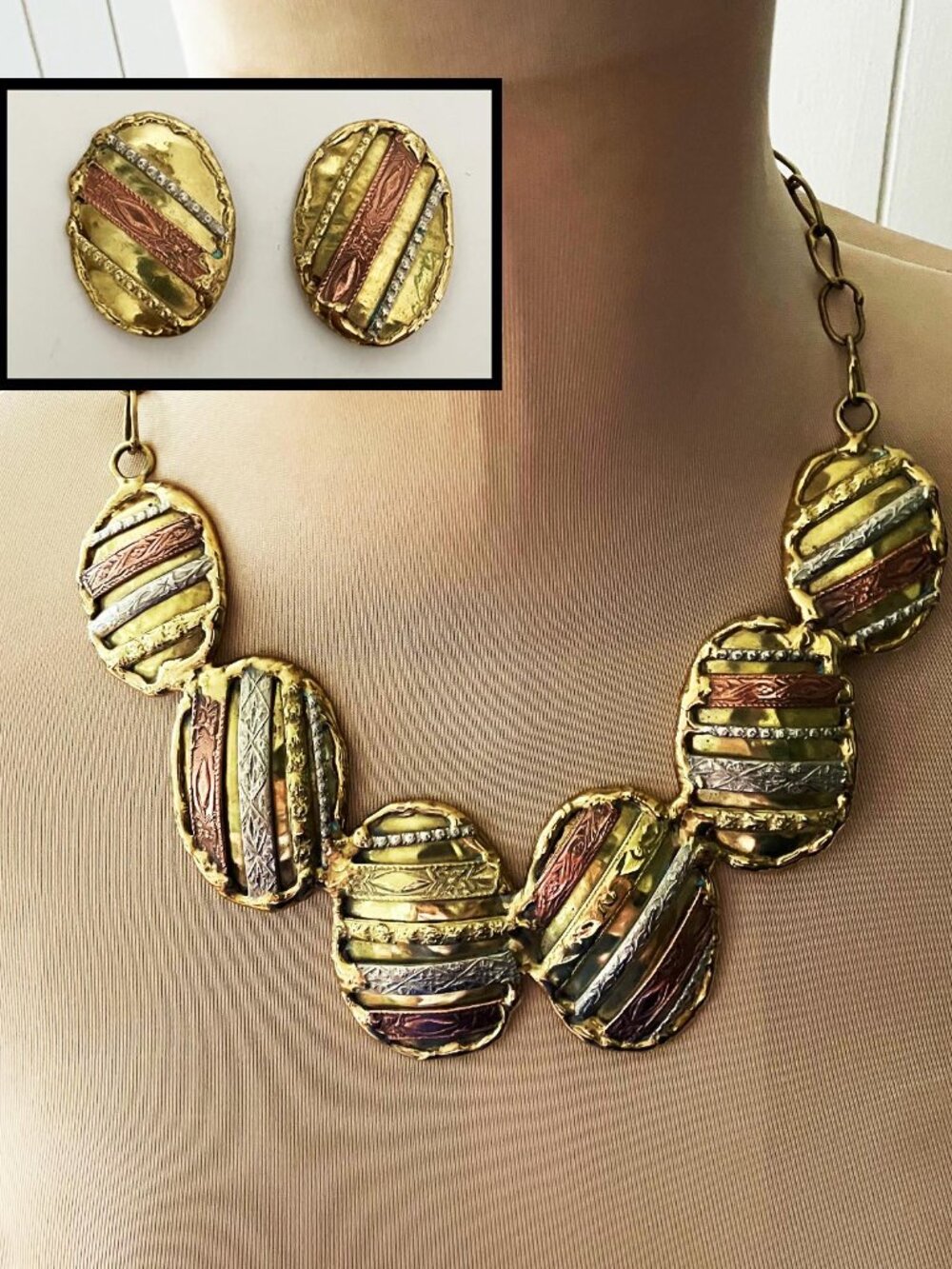 Handcrafted Mexican Artisan Mixed Metal Bib Choker Necklace & Earrings – Signed